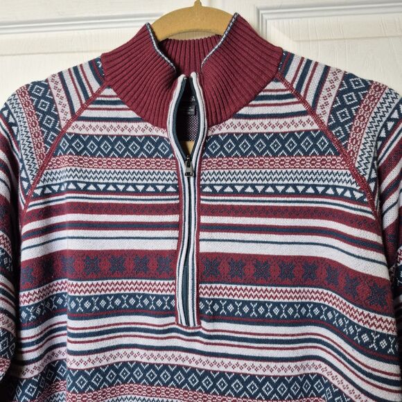 Eddie Bauer Sweater Women XL Burgundy Blue 1/4 Zip Nordic Tribal Aztec Pullover - Picture 2 of 6